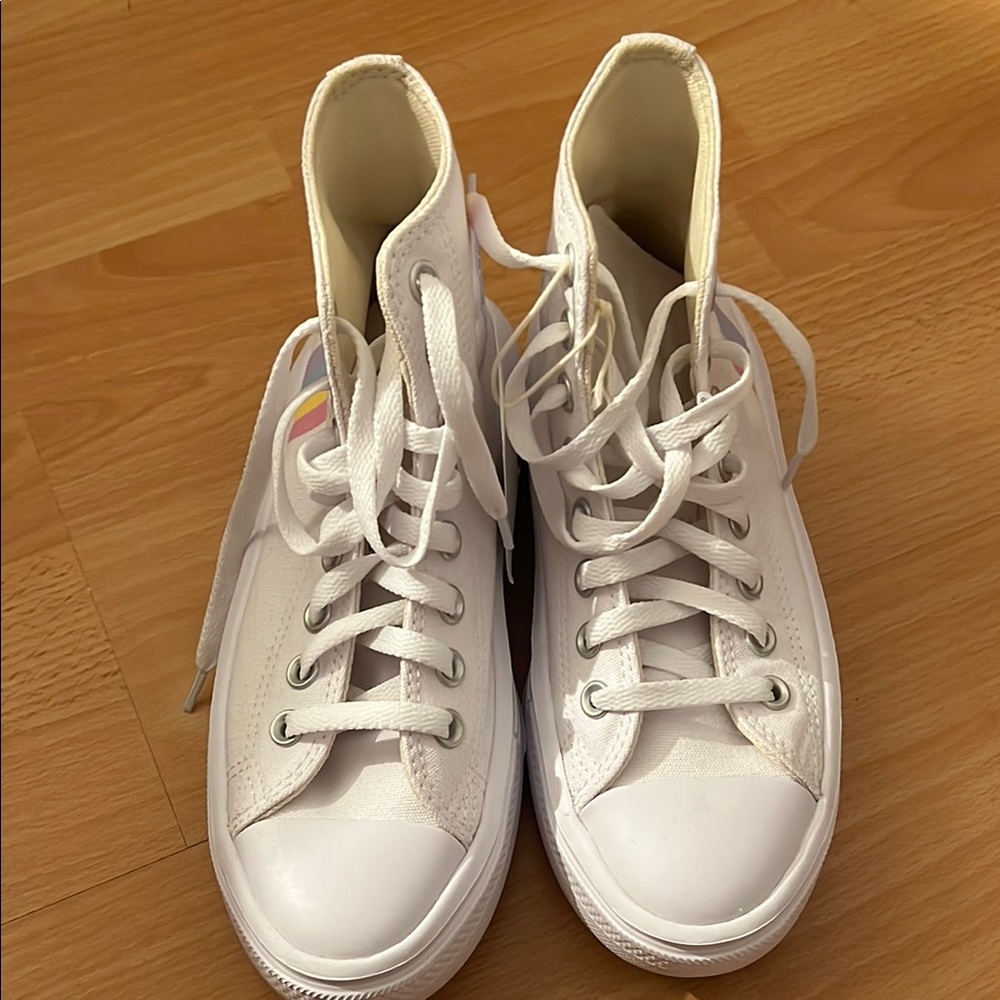 Converse White High-Tops with Rainbow Stripes